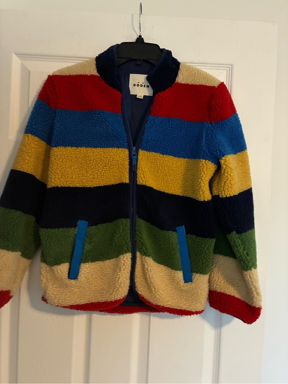 Boden Kids' Multicolor Striped Fleece Jacket - Navy/Red/Yellow/Green Size 10-11
